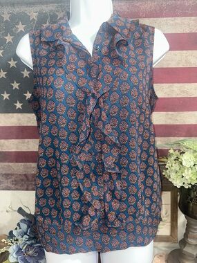 CAbi teal Sleeveless Ruffle Front Blouse with Rust Medallion Print